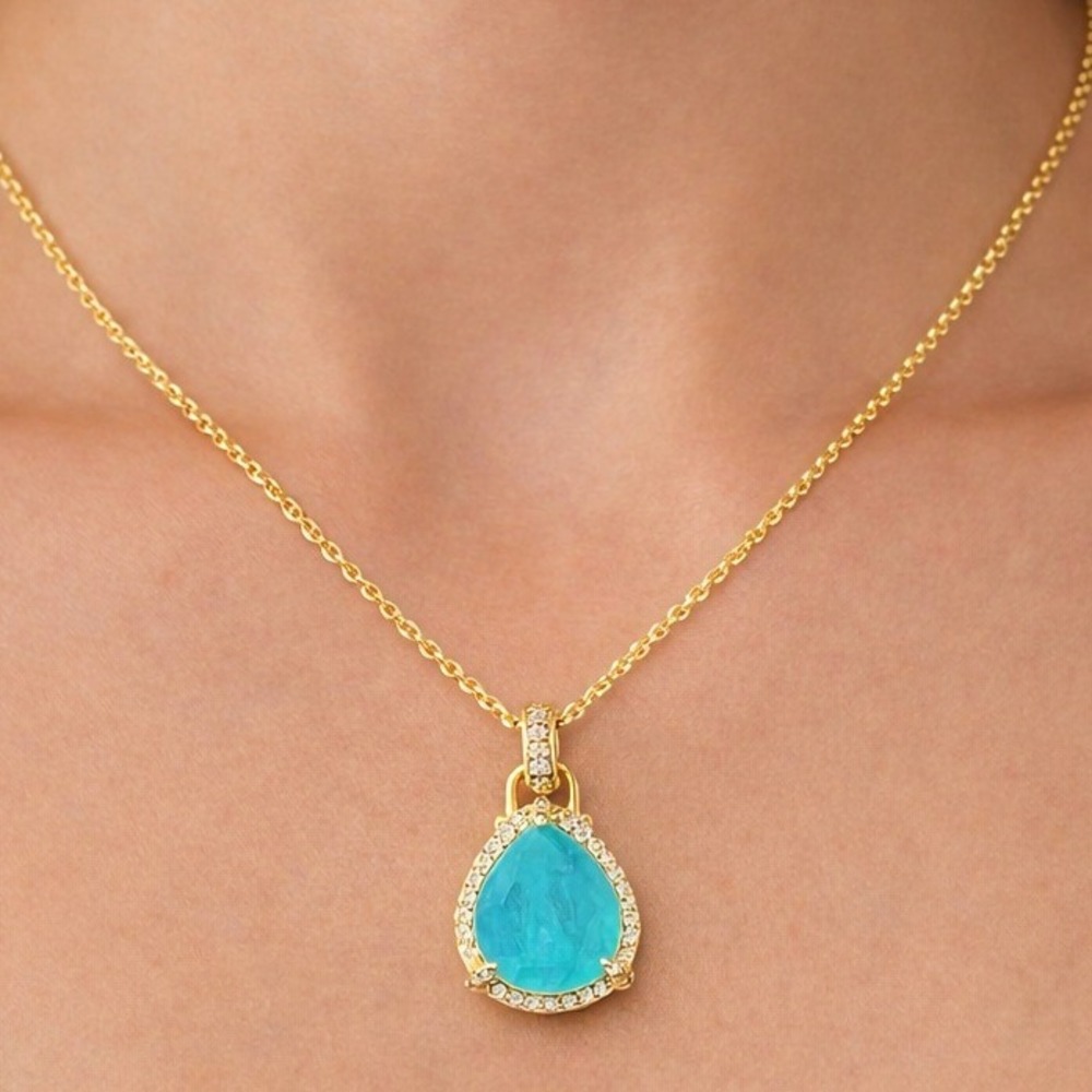 ilb Aqua Quartz Teardrop Halo Pendant Necklace Gold Tone CZ Designer Elegant